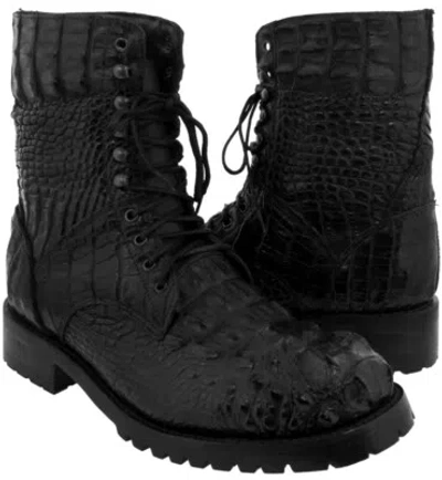 Pre-owned El Presidente Mens Motorcycle Leather Boots Alligator Skin Black Biker Combat Boots Lace Up