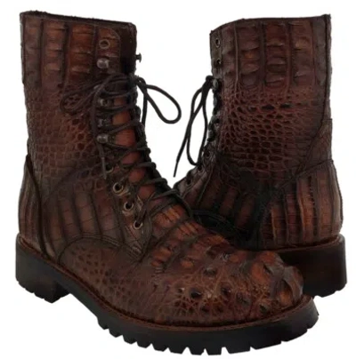Pre-owned El Presidente Mens Motorcycle Leather Boots Alligator Skin Cognac Biker Combat Boots Lace Up In Brown