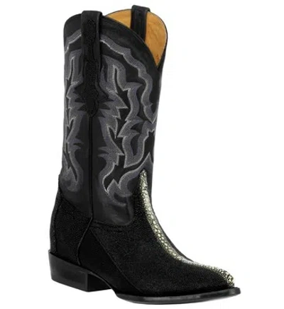 Pre-owned El Presidente Mens Western Boots J Toe Stingray Skin Real Leather Black Botas
