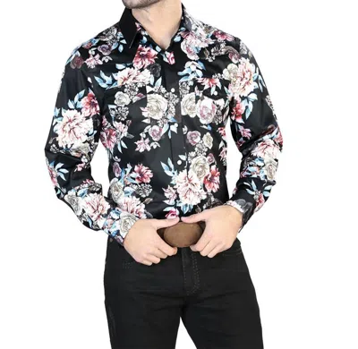 El Senor De Los Cielos Casual Long Sleeve Shirt In Black/print Roses In Red