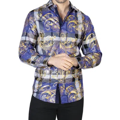 El Senor De Los Cielos Casual Long Sleeve Shirt In Blue Gold Print