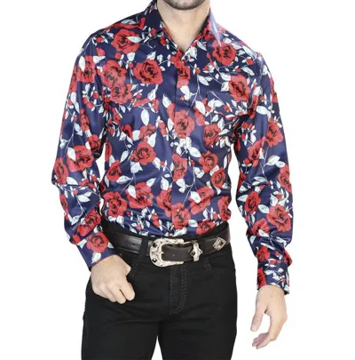 El Senor De Los Cielos Casual Long Sleeve Shirt In Blue With Print Roses In Multi