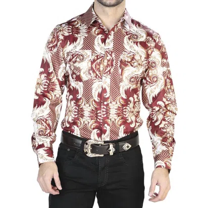 El Senor De Los Cielos Casual Long Sleeve Shirt In Burgundy/gold In Multi