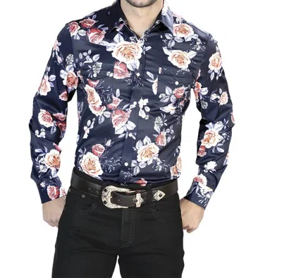El Senor De Los Cielos Casual Long Sleeve Shirt In Navy/roses In Multi