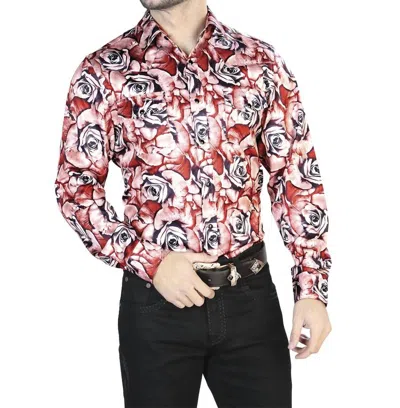 El Senor De Los Cielos Casual Long Sleeve Shirt In Red With Roses In Multi