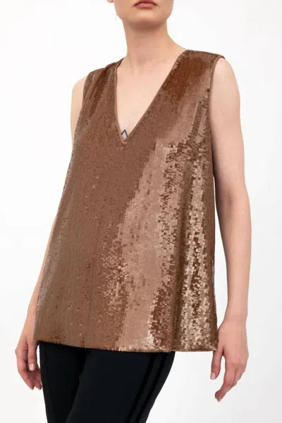 Elaine Kim Ariana Sequin V Neck Shell Top In Bronze In Brown
