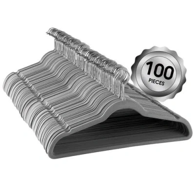 Elama 100 Piece Set Of Velvet Slim Profile Heavy Duty Felt Hangers With Stainless Steel Swivel Hooks In Gray