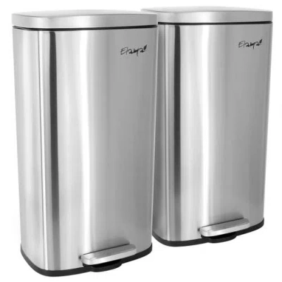 Elama 2 Piece 8 Gallon Each 30 Liter Rectangular Stainless Steel Twin Step Trash Bins With Slow Close Mech In Silver