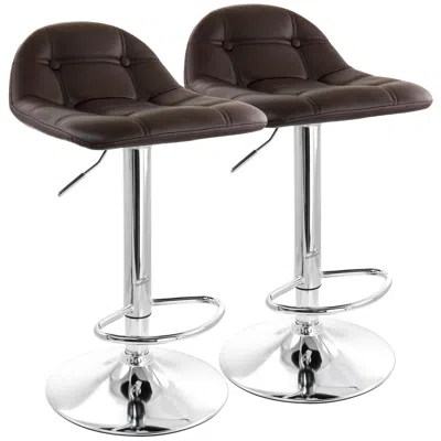 Elama 2 Piece Adjustable Faux Leather Bar Stool In Dark Brown With Chrome Base In Black