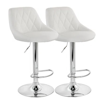 Elama 2 Piece Diamond Stitched Faux Leather Bar Stool In White With Chrome Base And Adjustable Height