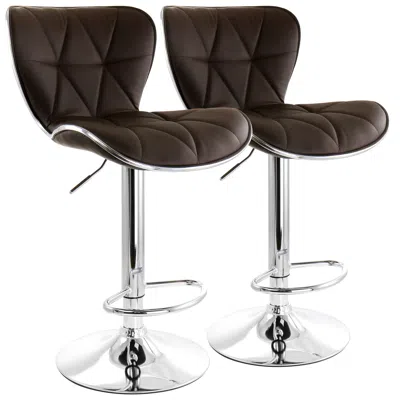 Elama 2 Piece Diamond Tufted Faux Leather Adjustable Bar Stool In Brown With Chrome Trim And Base In Black