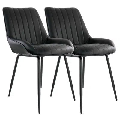 Elama 2 Piece Faux Leather Tufted Chair In Black With Black Metal Legs
