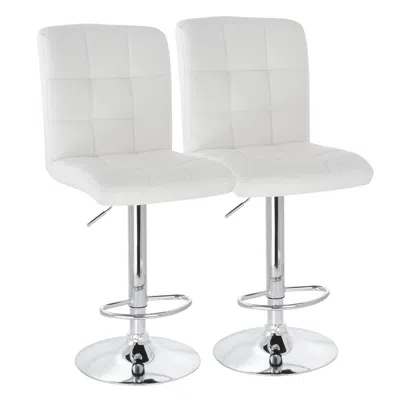 Elama 2 Piece Square Tufted Faux Leather Adjustable Bar Stool In White With Chrome Base