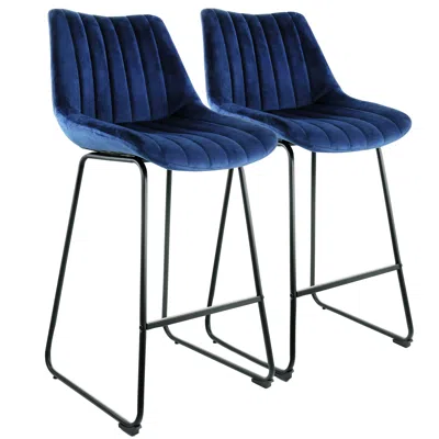 Elama 2 Piece Velvet Stripe Stitch Bar Chair In Royal Blue With Metal Legs