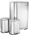 Elama 3 Piece 13 Gallon And 1.3 Gallon Stainless Steel Step Trash Bin Combo Set With Slow Close Mechanism