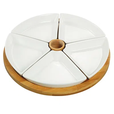 Elama 7 Piece Appetizer Serving Set With 5 Serving Dishes, Center Tooth Pick Holder And Bamboo Serving Tra In White