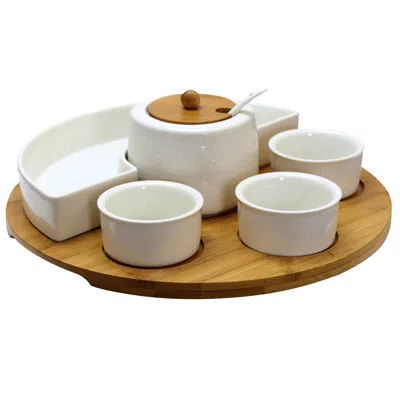 Elama 8 Piece Appetizer Serving Set With 4 Serving Dishes, Center Condiment Server, Spoon, And Bamboo Serv