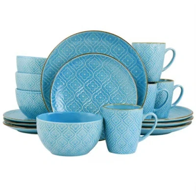 Elama Aqualite 16 Piece Embossed Stoneware Dinnerware Set In Blue