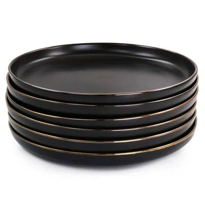 Elama Arthur 6 Piece Stoneware Dinner Plate Set In Bronze Rim In Matte Black