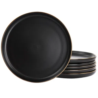 Elama Arthur 6 Piece Stoneware Dinner Plate Set In Matte White With Gold Rim In Black