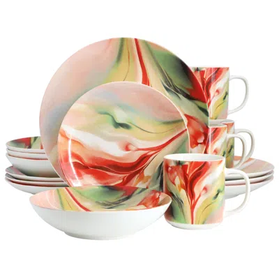 Elama Autumn Storm 16 Piece Abstract Design Round Porcelain Dinnerware Set In Multicolor