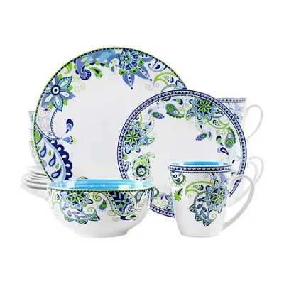 Elama Fiesta 16pc Round Porcelain Dinnerware Set In Blue And Green