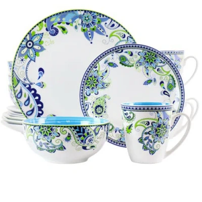 Elama Fiesta 16pc Round Porcelain Dinnerware Set In Blue And Green