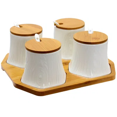 Elama Ceramic Spice, Jam And Salsa Jars With Bamboo Lids & Serving Spoons