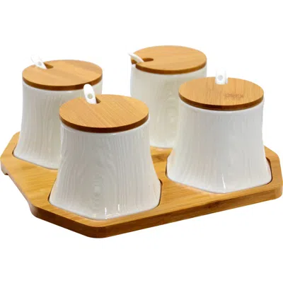 ELAMA ELAMA CERAMIC SPICE, JAM AND SALSA JARS WITH WOOD LIDS & SERVING SPOONS