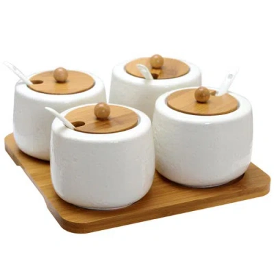 ELAMA ELAMA CERAMIC SPICE, JAM AND SALSA JARS WITH WOOD LIDS & SERVING SPOONS