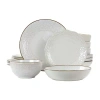 Elama Countess 16pc Embossed Double Bowl Stoneware Dinnerware Set In White