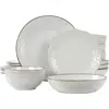 Elama Countess 16 Piece Embossed Double Bowl Stoneware Dinnerware Set In White