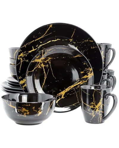 Elama Fine Marble Gold 16pc Porcelain Dinnerware Set In Black
