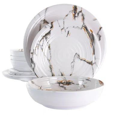 Elama Fine Sculpture 12 Piece Lightweight Melamine Dinnerware Set In White In Multi