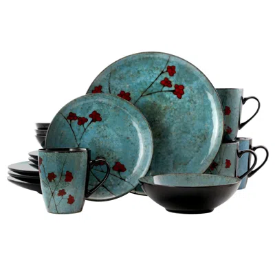 Elama Floral Accents 16 Piece Dinnerware Set In Blue
