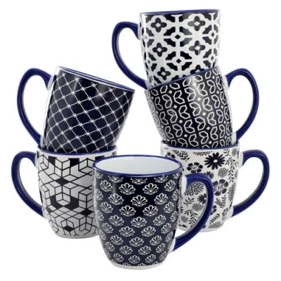 Elama Flyn 6 Piece 16 Ounce Assorted Design Stoneware Mug Set In Blue