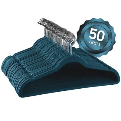 Elama Home 50 Piece Flocked Velvet Clothes Hangers With Stainless Steel Swivel Hooks In Blue
