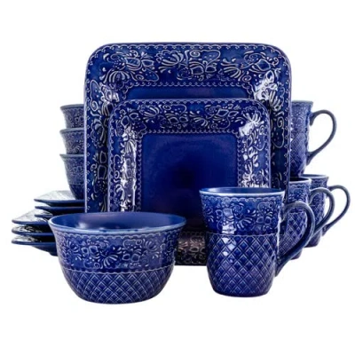 ELAMA ELAMA INDIGO LOTUS 16 PIECE SQUARE DINNERWARE SET