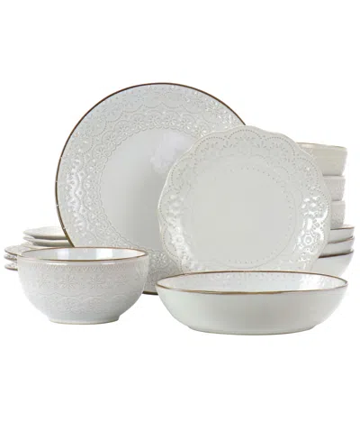 Elama Josefina Embossed 16 Piece Double Bowl Stoneware Dinnerware Set, Service For 4 In Ivory