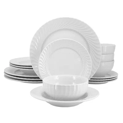 Elama Julia 16 Piece Scalloped Double Bowl Porcelain Dinnerware Set In White