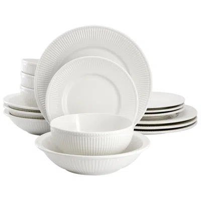 Elama Kate 16 Piece Textured Trim Double Bowl Porcelain Dinnerware Set In White