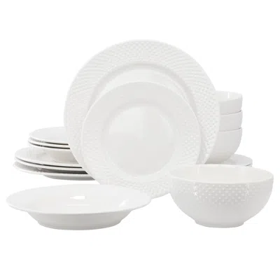 Elama Kim 16 Piece Hobnail Double Bowl Porcelain Dinnerware Set In White