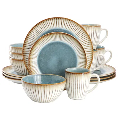 Elama Louann 16 Piece Stoneware Dinnerware Set In Blue And Beige