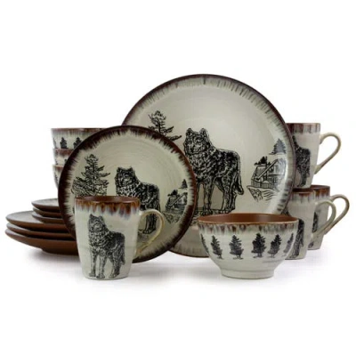 ELAMA ELAMA MAJESTIC WOLF 16 PIECE LUXURIOUS STONEWARE DINNERWARE WITH COMPLETE SETTING FOR 4
