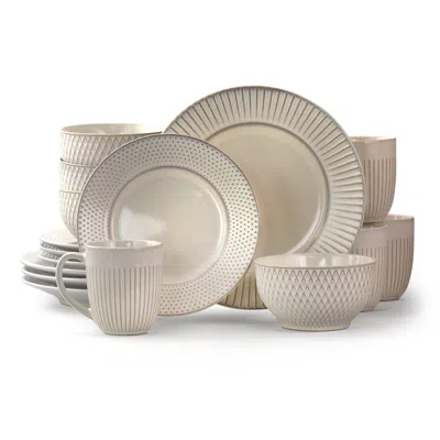 Elama Market Finds 16 Piece Round Stoneware Dinnerware Set In Embossed White In Brown