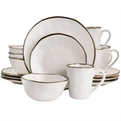Elama Modern 16pc Stoneware Dinnerware Set In Matte White With Gold-tone Rim