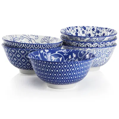 ELAMA MOXY 6 PIECE ASSORTED DESIGN 20OZ PORCELAIN FOOTED BOWL SET IN BLUE
