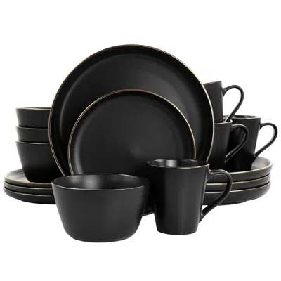Elama Paul 16 Piece Stoneware Dinnerware Set In Matte Black With Gold Rim