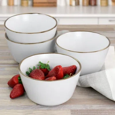 Elama Paul 6 Piece Stoneware Bowl Set In Matte Black With Gold Rim In Matte White