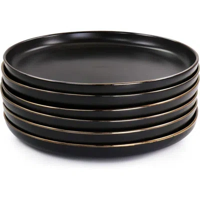 Elama Paul 6 Piece Stoneware Dinner Plate Set – Matte Black With Gold Rim, Elegant Modern Dinnerware, Micr